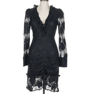 ALEXIS BLACK LACE ILLUSION DRESS LOW CUT RUCHED RUFFLED SZ LG